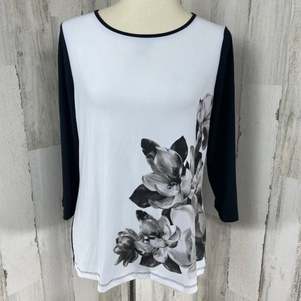 Chico’s Weekends Women's Black Floral 3/4 Sleeve Shirt Top‎ Blouse Stretch 1